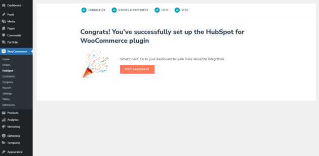 Well done - you have successfully set up HubSpot for WooCommerce